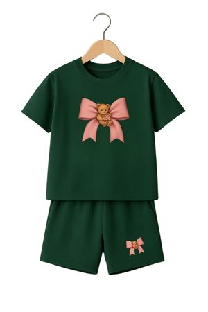 Pembe Bear Ayıcık Kurdela Baskılı Çocuk Takım - Nefti Yeşil Şort T-shirt Takım Baskılı Kız Çocuk Y