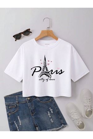 Paris City Of Love Baskılı Kadın Crop Beyaz T-shirt