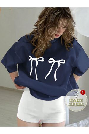 Beyaz Kurdela Baskılı Süprem Lacivert T-shirt Pamuklu - Oversize Bisiklet Yaka Kısa Kol Tişört