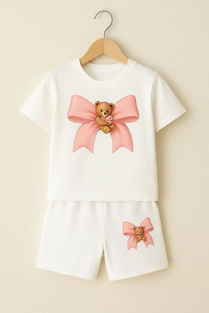 Pembe Bear Ayıcık Kurdela Baskılı Çocuk Takım - Beyaz Şort Beyaz T-shirt Takım Baskılı Kız Çocuk Ya