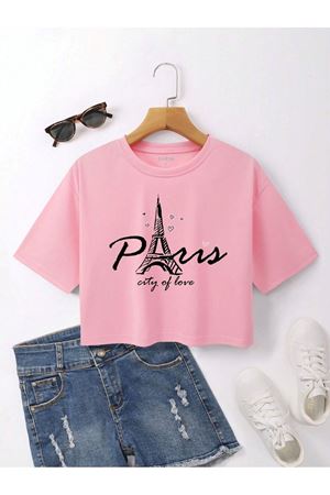 Paris City Of Love Baskılı Kadın Crop Pembe T-shirt