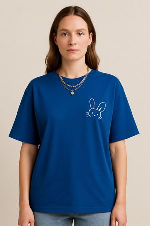 Kadın Tavşan Baskılı Oversize Saks Mavi T-shirt