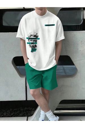 Sculpture Art T-Shirt Şort - Beyaz Nefti Yeşil Şort Tişört Takım Baskılı Oversize Bisiklet Yaka