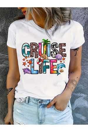 Cruise Life Baskılı Beyaz Pamuklu T-Shirt - Oversize Bisiklet Yaka Tişört