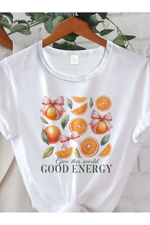 Good Energy Baskılı Beyaz Pamuklu T-Shirt - Oversize Bisiklet Yaka Tişört