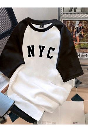 NYC Baskılı Süprem Beyaz Siyah Reglan Kol T-Shirt - Oversize Bisiklet Yaka Tişört