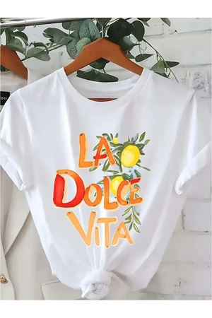La Dolce Vita Baskılı Beyaz Pamuklu T-Shirt - Oversize Bisiklet Yaka Tişört