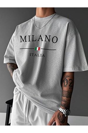 MILANO ITALIA Baskılı Süprem Gri T-Shirt - Oversize Bisiklet Yaka Tişört