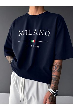 MILANO ITALIA Baskılı Süprem Lacivert T-Shirt - Oversize Bisiklet Yaka Tişört