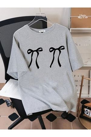 Siyah Kurdela Baskılı Süprem Gri T-shirt - Oversize Bisiklet Yaka Kısa Kol Tişört