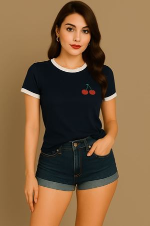 Kiraz Baskılı T-Shirt - Lacivert Gövde Beyaz Biyeli Oversize Bisiklet Yaka Kısa Kol Tişört