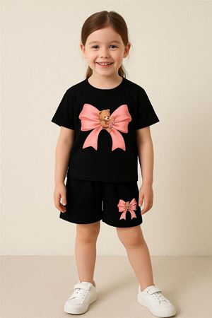 Pembe Bear Ayıcık Kurdela Baskılı Çocuk Takım - Siyah Şort Siyah T-shirt Takım Baskılı Kız Çocuk Ya