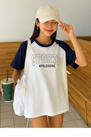 Sports Athleisure Beyaz Gövde Lacivert Kol T-Shirt - Oversize Bisiklet Yaka Tişört