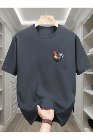 Horoz Baskılı Füme Pamuklu T-Shirt - Oversize Bisiklet Yaka Kısa Kol Tişört