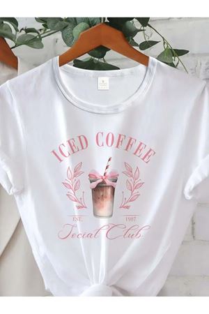 İced Coffee Baskılı Beyaz Pamuklu T-Shirt - Oversize Bisiklet Yaka Tişört