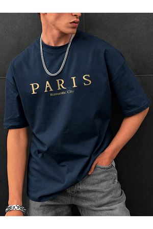 Paris Romantic City Baskılı Süprem Lacviert T-Shirt - Oversize Bisiklet Yaka Tişört
