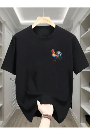 Horoz Baskılı Siyah Pamuklu T-Shirt - Oversize Bisiklet Yaka Kısa Kol Tişört