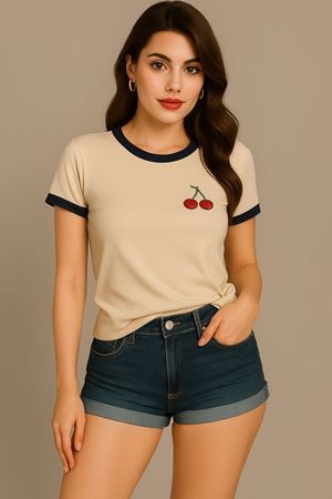 Kiraz Baskılı T-Shirt - Bej Gövde Lacivert Biyeli Oversize Bisiklet Yaka Kısa Kol Tişört