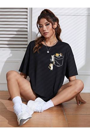 Unisex Kadın/Erkek CAT Renkli Özel Baskılı Oversize Bisiklet Yaka Süprem T-Shirt