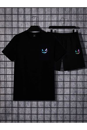 Monster Face T-shirt Şort - Siyah Alt Üst Kombin Şort Tişört Takım Baskılı Oversize Bisiklet Yaka