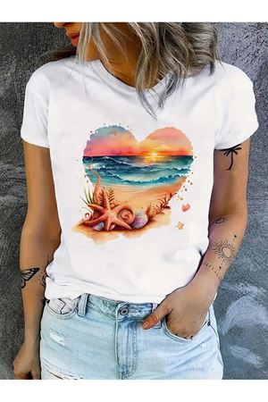 Plaj Kalp Baskılı Beyaz Pamuklu T-Shirt - Oversize Bisiklet Yaka Kısa Kol Tişört