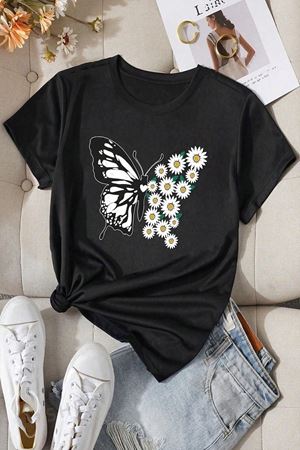 Kelebek Papatya Baskılı Süprem Siyah T-Shirt - Oversize Bisiklet Yaka Tişört