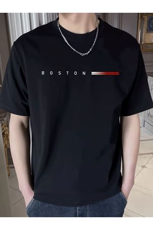 Boston Baskılı Süprem Siyah T-Shirt - Oversize Bisiklet Yaka Tişört