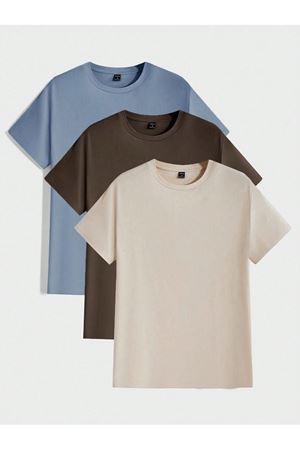 3'lü Basic Süprem T-shirt - Bebe Mavisi Kahverengi Bej Oversize Bisiklet Yaka Tişört