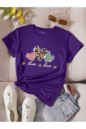 Love Leopar Kalp Baskılı Süprem Mor T-shirt - Oversize Bisiklet Yaka Tişört