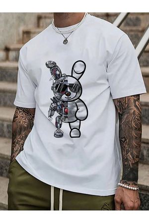 Robotic Rabbit Süprem T-Shirt - Beyaz Baskılı Oversize Bisiklet Yaka Tişört