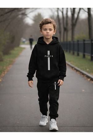 Çift Çizgi Paris Baskılı Pamuk Çocuk Kapüşonlu Takım - Siyah Jogger Baskılı Kız Erkek Çocuk