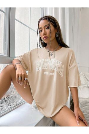 California West Coast Süprem T-Shirt - Bej Baskılı Oversize Bisiklet Yaka Tişört