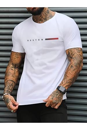 Boston Baskılı Süprem Beyaz T-Shirt - Oversize Bisiklet Yaka Tişört