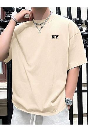 Ny Yazı Süprem T-Shirt - Bej Baskılı Oversize Bisiklet Yaka Tişört
