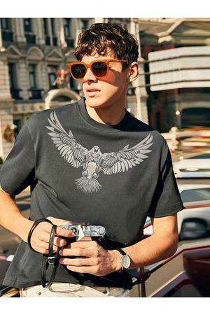 Kartal Süprem T-Shirt -Füme Baskılı Oversize Bisiklet Yaka Tişört