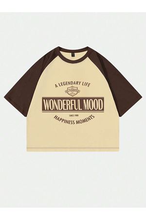 Wonderful Mood Süprem Crop T-Shirt - Bej Kahve Baskılı Oversize Bisiklet Yaka Tişört