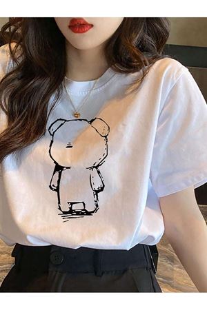 Lonely Bear Süprem T-Shirt - Beyaz Baskılı Oversize Bisiklet Yaka Tişört