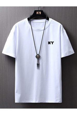 Ny Yazı Süprem T-Shirt - Beyaz Baskılı Oversize Bisiklet Yaka Tişört