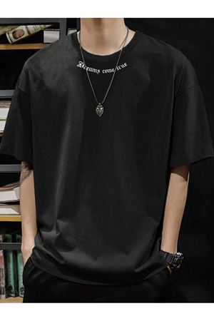 Dreams Yaka Detay Süprem T-Shirt - Siyah Baskılı Oversize Bisiklet Yaka Tişört