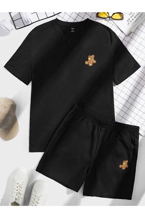 Siyah Şort Siyah Tişört Takım Ayıcık Baskılı Oversize Unisex