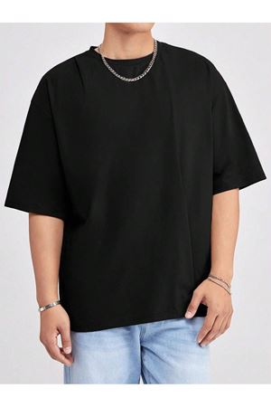 Basic Süprem T-Shirt - Siyah Oversize Bisiklet Yaka Tişört