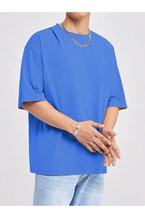 Basic Süprem T-Shirt - Sax Mavi Oversize Bisiklet Yaka Tişört