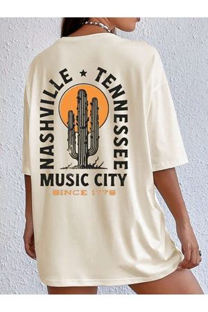 Nashville Tennessee Süprem T-Shirt - Bej Baskılı Oversize Bisiklet Yaka Tişört