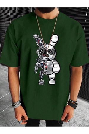 Robotic Rabbit Süprem T-Shirt - Nefti Yeşil Baskılı Oversize Bisiklet Yaka Tişört