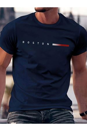 Boston Baskılı Süprem Lacivert T-Shirt - Oversize Bisiklet Yaka Tişört