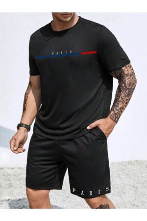 Paris Çizgi Şort T-shirt - Şortlu Alt Üst Eşofman Takımı Baskılı Oversize Bisiklet Yaka