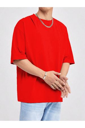 Basic Süprem T-Shirt - Kırmızı Oversize Bisiklet Yaka Tişört