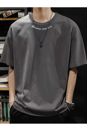 Dreams Yaka Detay Süprem T-Shirt - Füme Baskılı Oversize Bisiklet Yaka Tişört