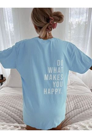 Makes Happy Süprem T-Shirt - Bebe Mavisi Baskılı Oversize Bisiklet Yaka Tişört
