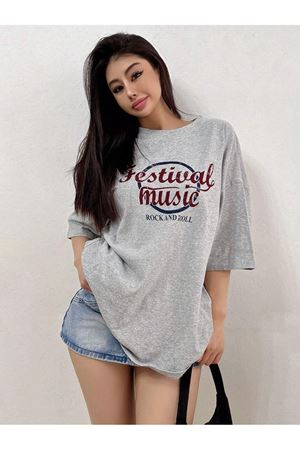 Festival Music Süprem T-Shirt - Gri Baskılı Oversize Bisiklet Yaka Tişört